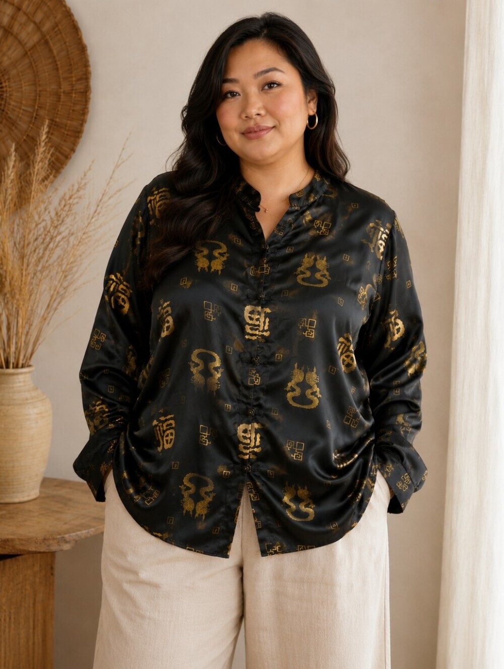 Black Gold Dragon Satin Mandarin Collar Jacket Asian Brocade XL- XXL